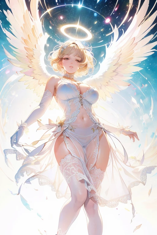 Angel girl, angel wings on back, White dress, pale skin, blue eyes, ear, nose, open mouth, smiling, blonde hair, neck, shoulders, big chest, arms, belly, thin waist, thick legs, big thigh, feet, floor, standing