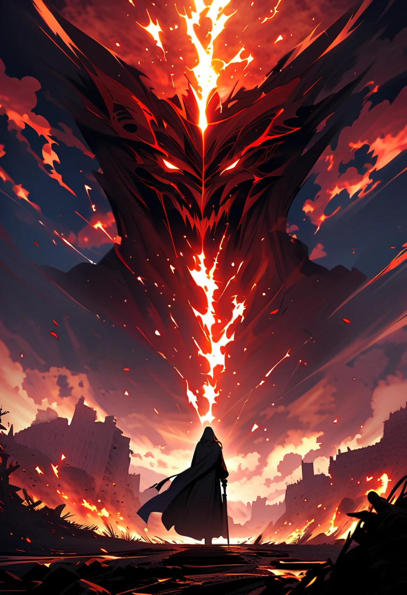 A person in front of a giant monster, anime styling, night sky 