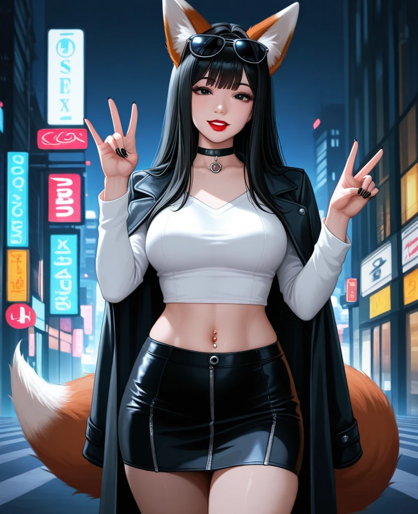 1girll, full bodyesbian, (nedium breasts ,The large), Wide hips, Thick thighs, Punk bad girl, Fox ears, offcial art,vivd colour,finely detailed,ultra - detailed, 8K ,high-resolution illustrations,Masterpiece,Best quality,Intricate_detail, (Muscular legs:0.5), Denim shorts, Tattoos, Crop top,