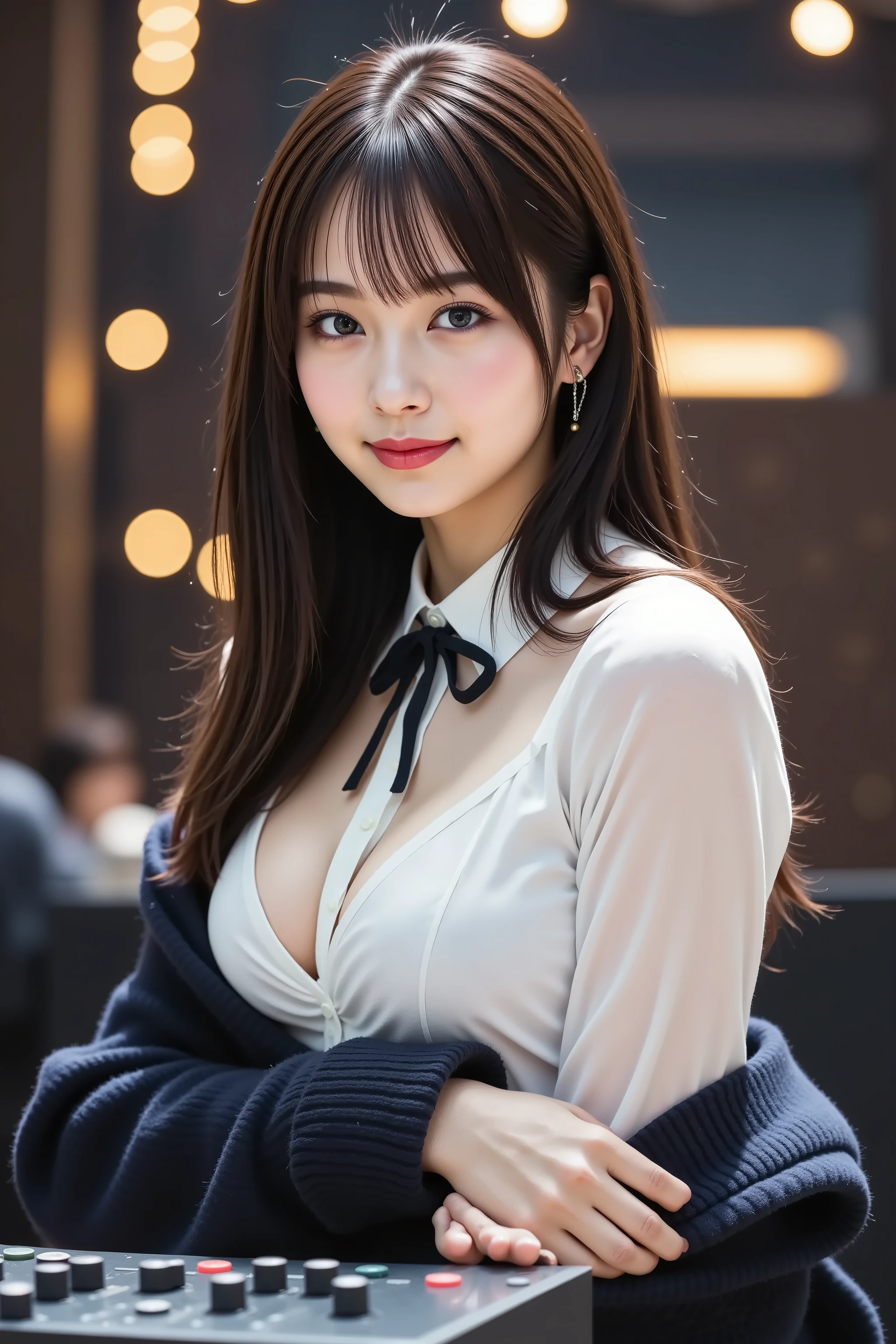 firm breast, cleavage, by adjusting the framing so the subject's full head is visible within the composition, a highly detailed and realistic digital illustration of a female character in a stylized military-inspired fantasy outfit, realistic high-resolution photograph of a young woman in a lively indoor concert or stage venue, captured just below the shoulders, positioned entirely within frame to avoid head cropping. she wears a modern and semi-formal school-inspired outfit featuring a crisp white blouse with light wrinkling near the shoulders and collar, open slightly at the top. the blouse has subtle vertical seams and a black ribbon tied in a neat bow at the collar. over it, she wears a fitted dark jacket with ribbed cuffs, left open to show the shirt beneath. the fabric reflects ambient light softly, giving it a slight sheen. the background reveals a dimly lit stage or event hall, with dark structural elements, overhead lights casting warm glows, and a seated audience blurred in the distance. her left arm rests on a professional sound mixing console, its surface filled with sliders, knobs, and backlit display elements, adding depth and realism. lighting from above and slightly behind highlights her upper body and shoulders, casting natural shadows and emphasizing folds in the fabric. background lighting creates a clear contrast, enhancing the layered textures of the jacket and blouse. the scene’s lighting and structure should maintain a realistic, high-fidelity atmosphere, with depth of field softly isolating her from the backdrop. her head is fully visible in the frame and background elements like the stage lights, console, and audience remain recognizable and consistent. the front-facing illumination gently softens facial features and the shadows cast along the jacket’s folds add realism. attention to textile details like the button seams, inner collar lining, and ribbed cuff texture enhances visual fidelity.