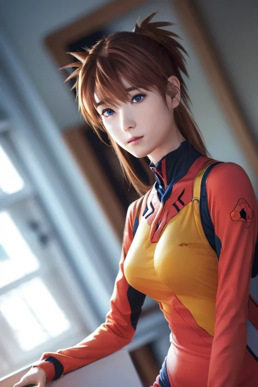 A dynamic image of a female character in a futuristic setting, inspired by Asuka Langley Soryu from Neon Genesis Evangelion. The character is depicted in a mid-leap pose, wearing a sleek, form-fitting red and black plug suit with mechanical and high-tech details. She has long, flowing orange hair tied in pigtails, accentuated by her determined expression. The background is a simple, dark, gradient backdrop, emphasizing her action pose and the glossy texture of her suit. The lighting highlights her form and the reflective surfaces of her outfit, adding a sense of realism and depth
