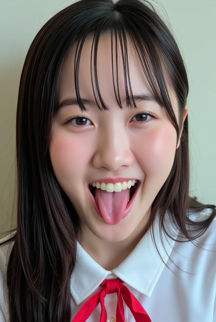 (best quality)、(32Ｋ)、((cushion with head up to Japanese woman's face、Looking down from the front))、Open your mouth wide and stick out your tongue、White uniform shirt collar with red ribbon、Extend your tongue to the fullest