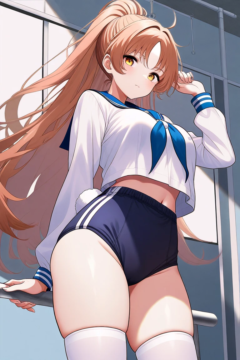 miewz, (glasses), long hair, purple eyes,red hair,(dark blue school swimsuit:1.3),(upper body:1.3),open mouth, embarrassed ,blush,arms behind back,(spread legs:1.3),(legs up),white panty,(cameltoe:1.3),masterpiece,Noise Reduction,perfect anatomy,high resolution, ultra-detailed,game cg,dutch angle ,beautiful detailed eyes,visualart,five fingers, perfect hands, perfect lighting,