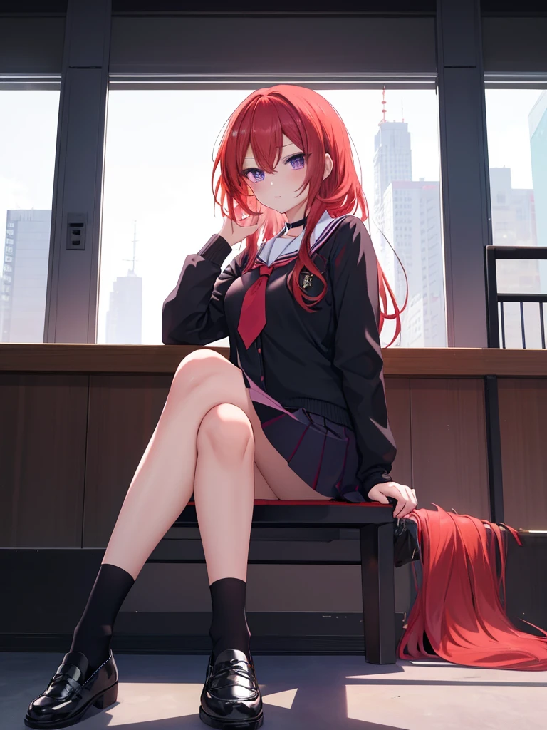 (Masterpiece, Best Quality:1.2), solo, 1girl, Itsuki  ,unamused, closed mouth, looking a viewer, hand on our face, sitting, Short black kimono ,big thighs,crossed legs