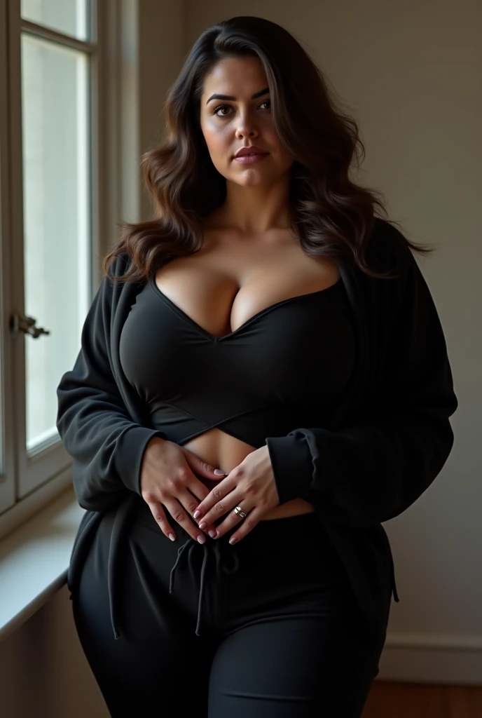 A very busty woman wearing a tight sweater and a gag in her mouth