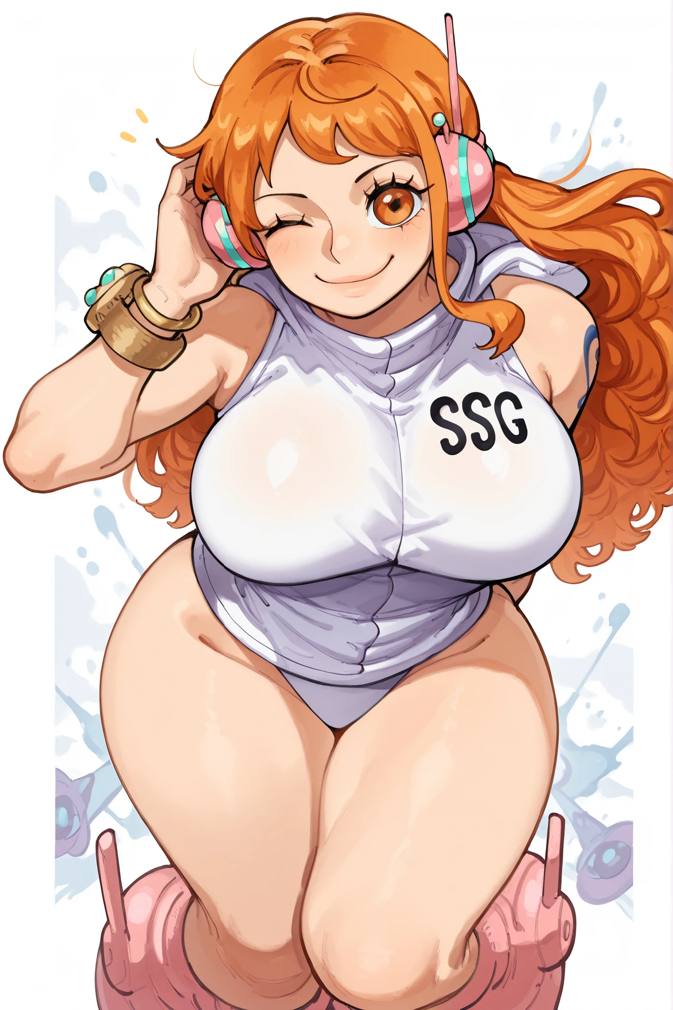 (yoneyama mai:0.8),(watercolor art),realistic,(anime lines:0.7),
materpiece,amazing quality, high quality,best quality, very awa, highres, absurdres,uncensored,very aesthetic,BREAK,
nami (one piece), 1girl, solo, long hair, orange hair, 1girl, breasts, headphones, sleeveless, bracelet, jewelry, underwear, panties, bare shoulders, no pants, hood, boots, nami (one piece), large breasts, tatoo, orange eyes, orange hair, long hair, shoulder tatoo, breasts, sexy pose, one eye closed, wink, breast focus, blank background, girl focus, white background
BREAK, detailed illustration, detailed background, detailed eyes,depth of field,
materpiece,amazing quality, high quality,best quality, very awa,very aesthetic,