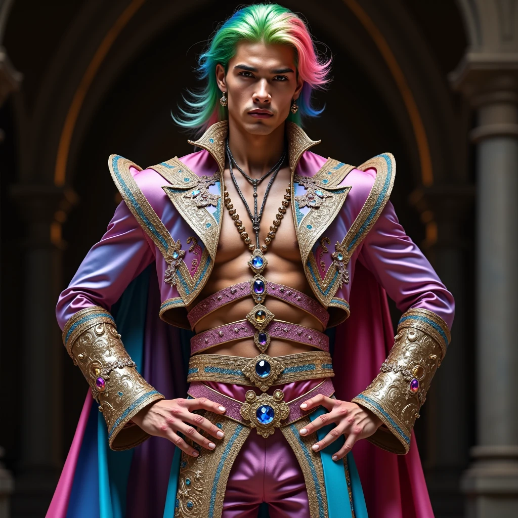 painting of a man with a pink hair and a green jacket, a watercolor painting inspired by Osman Hamdi Bey, tumblr, qajar art, emir, handsome prince of persia, ditigal painting, watercolor artwork of exotic, fully clothed. painting of sexy, arabian wrestling woman, male vampire of clan banu haqim, arabian art, arabian samurai