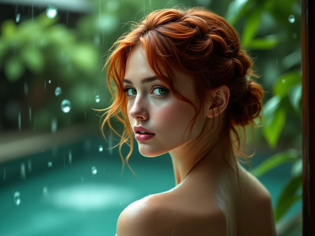 beautiful European girl with blue eyes and red hair, showering, naked, in the jungle, photo from behind, showing her ass, ultra High resolution, (fotorrealista: 1.4), High resolution , (finely detailed skin), (blue eyes), (perfect proportions) (Realistic photos) (masterpiece) (fotorrealista), ultrarealistic (Best Quality) (detailed) photographed with a Canon EOS R5, 50mm lens, f/2.8, (8k) (Wallpaper) (cinematic lighting) (dramatic lighting) (complex) fashion