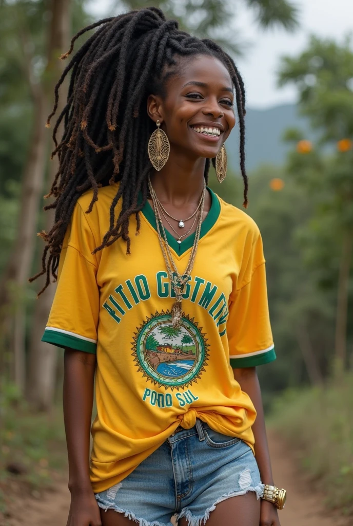 An American woman in a lush tropical garden, wearing a Brazil shirt, with a close-up capturing the harmonious beauty between her breasts and the natural flowers, showing off your natural charm and outgoing personality.
