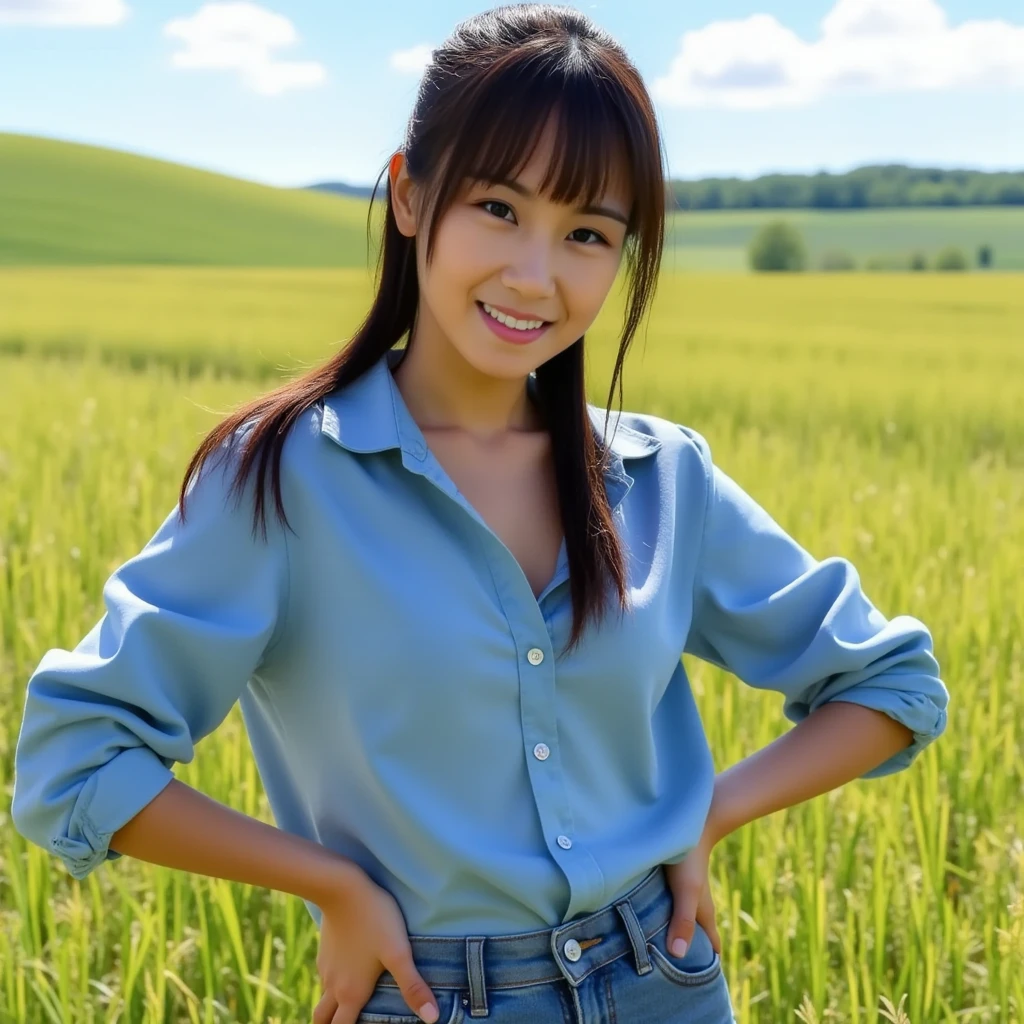 farmhouse girl with The background is a field I can see the mountains, Vinyl house in the background, Have freshly picked summer vegetables, Little smile, light smile, Canon
