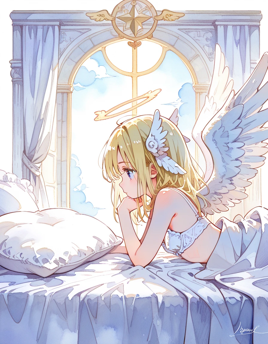 masterpiece, highest quality, Very detailed, 16k, Ultra-high resolution, 6-year-old girl, Detailed face, Perfect Fingers, Angel halo on head, Golden Eyes, blonde, short hair, Angel wings growing on your back, (Lower body naked:1.3), Above the Clouds, temple, bed, (Lying on your back:1.3), Lying down