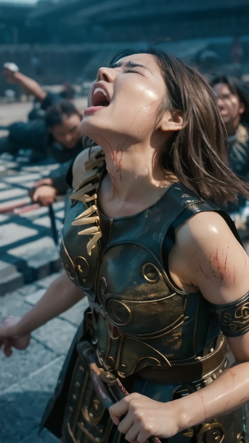 I'm looking up painfully, 弓と矢が彼女の体に突き刺さりAgonyしてscreamをあげている , Agony, Cry of Pain, eyes closed, masterpiece, high resolution, scratch, Torn, scratchだらけ, , dirt, wet, It's raining heavily , Clothes are torn 、I can see his chest and nipples , panties with DECOR , 打撲scratch, scream, LONG BLACK NAILS