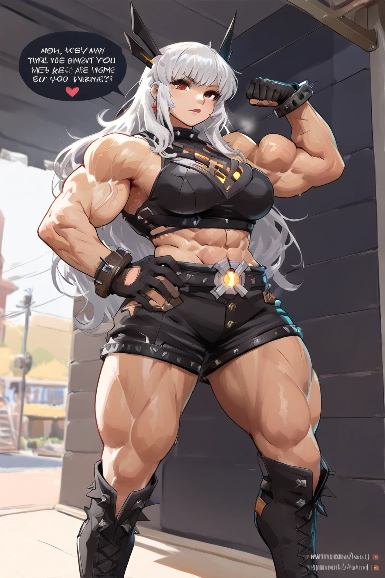 ((((Massive tall, beautiful, buff, bulky, muscular woman with big, ginormous muscles, huge bulging veins, and wearing a camouflage top and tight camouflage skirt)))), (((veins))), (((wearing black lipstick))), black eyeliner, massive muscle, massive biceps, hyper muscle triceps, (((dark skinned))), (((long straight white hair))), blue eyes, high heels boots, in a jungle, nighttime, showing a sexy smile, (((hyper muscles arms))), hyper muscle legs, (((massive buff arms)))