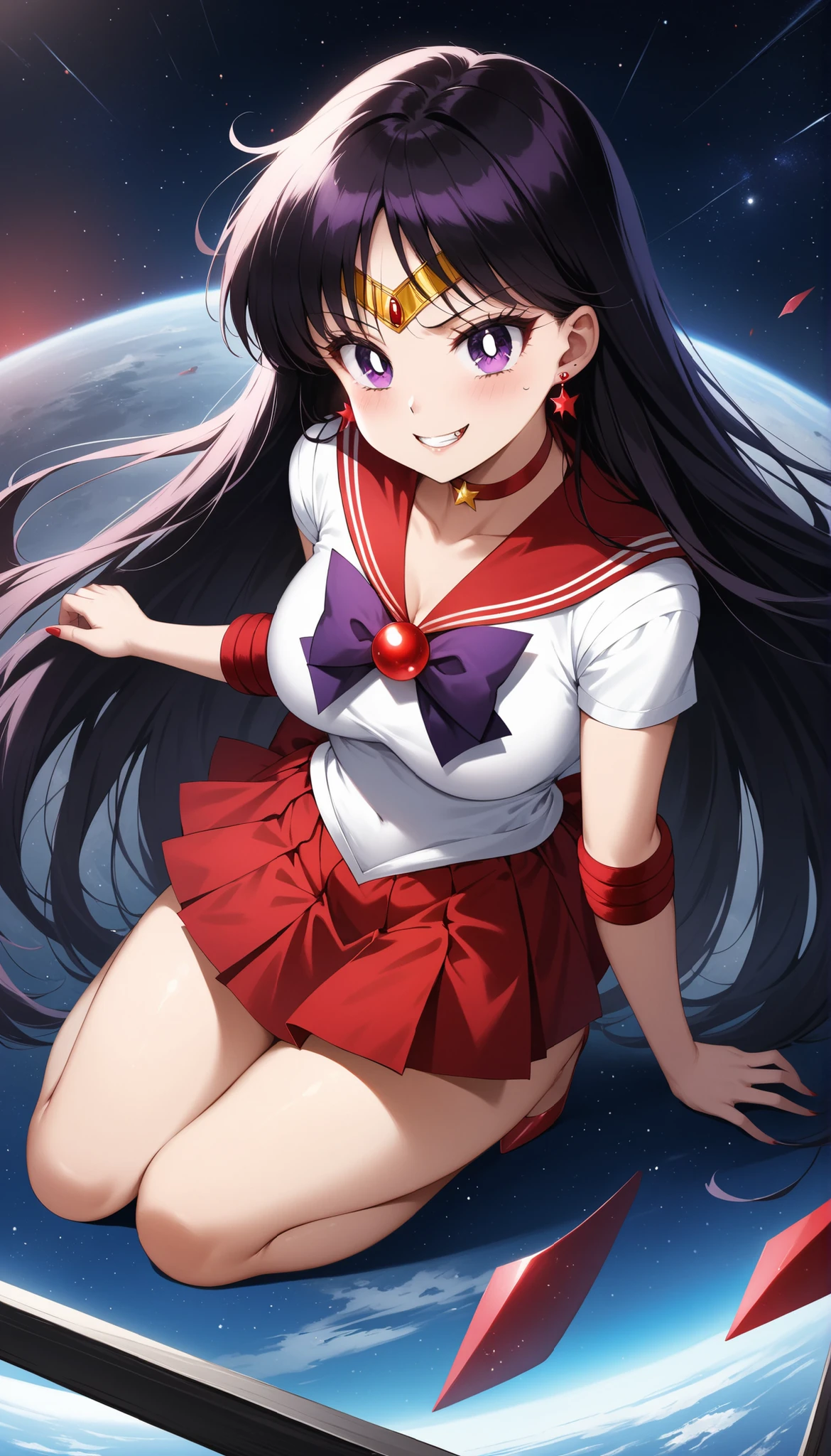 (masterpiece, best quality, very aesthetic, Super Detail), complicated details, 4K, Ahhh, long hair, black hair, tiara, earrings, Red Choker, red sailor color, purple bowtie, white shirt, Elbow pads, transparent ear covers, pleated skirt, red skirt, Bare legs, red high heels, Evil Smile, space, star, 惑starに立つ, Giga Giantess, Front bottom