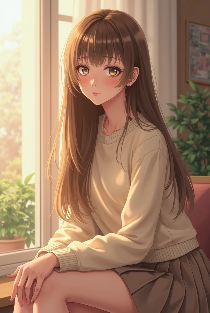 beautiful young woman, anime style, detailed face, wearing a light summer outfit, sitting on a sofa, relaxed expression, cozy living room, warm evening light, moonlight filtering through the window, detailed background with living room elements, high detail, 8k resolution, cinematic lighting, best quality, gentle shadows, pastel color palette, Instagrammable, cute and relaxed, aesthetic, warm and inviting atmosphere