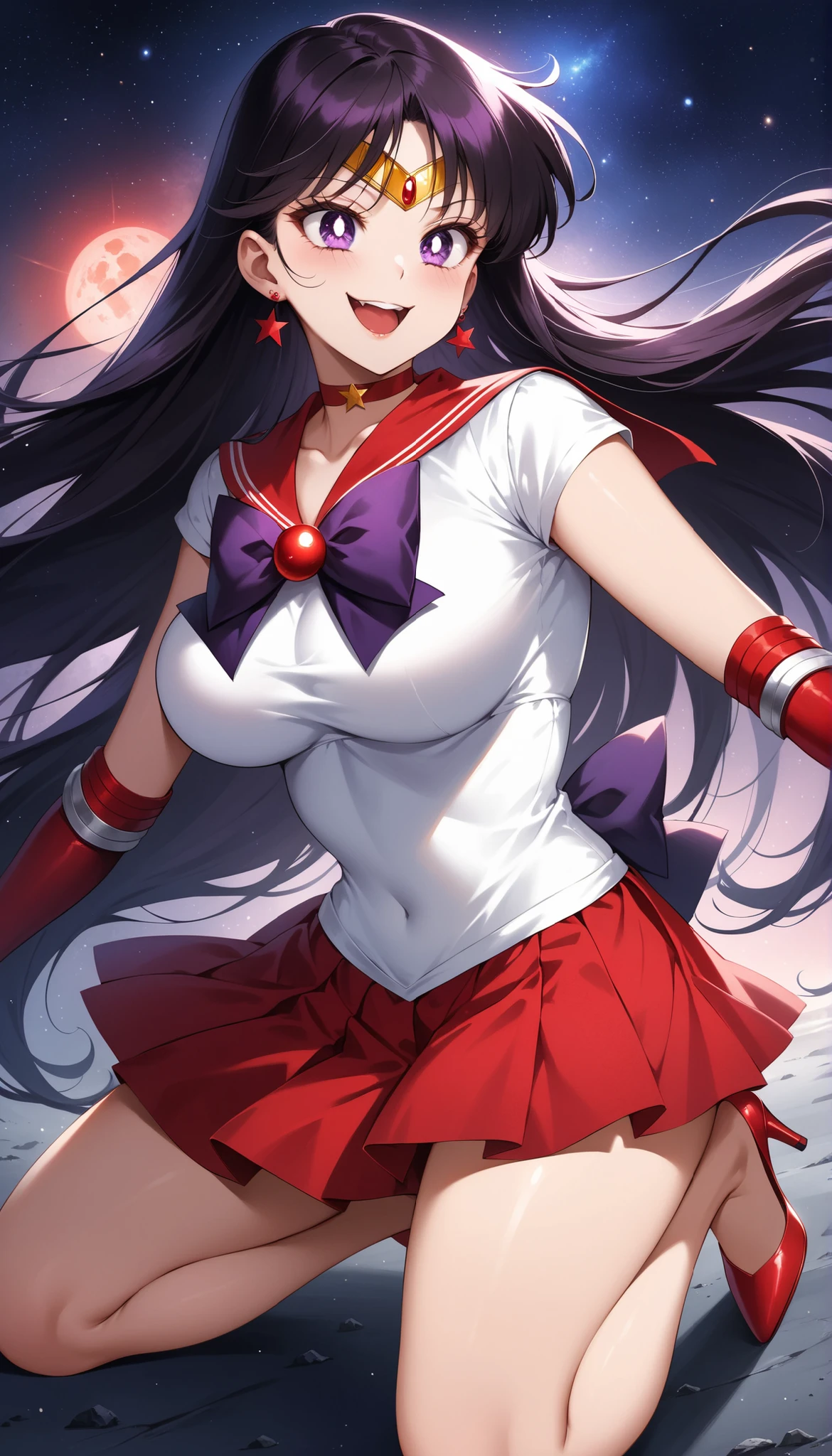 (masterpiece, best quality, very aesthetic, Super Detail), complicated details, 4K, Ahhh, long hair, black hair, tiara, earrings, Red Choker, red sailor color, purple bowtie, white shirt, Elbow pads, transparent ear covers, pleated skirt, red skirt, Bare legs, red high heels, Evil Smile, space, star, 惑starに立つ, Giga Giantess, Front bottom