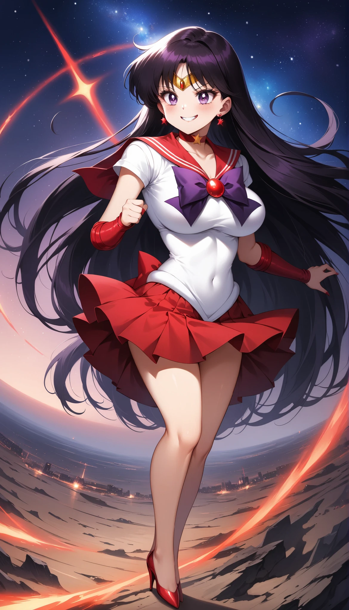 (masterpiece, best quality, very aesthetic, Super Detail), complicated details, 4K, Ahhh, long hair, black hair, tiara, earrings, Red Choker, red sailor color, purple bowtie, white shirt, Elbow pads, transparent ear covers, pleated skirt, red skirt, Bare legs, red high heels, Evil Smile, space, star, 惑starに立つ, Giga Giantess, Front bottom