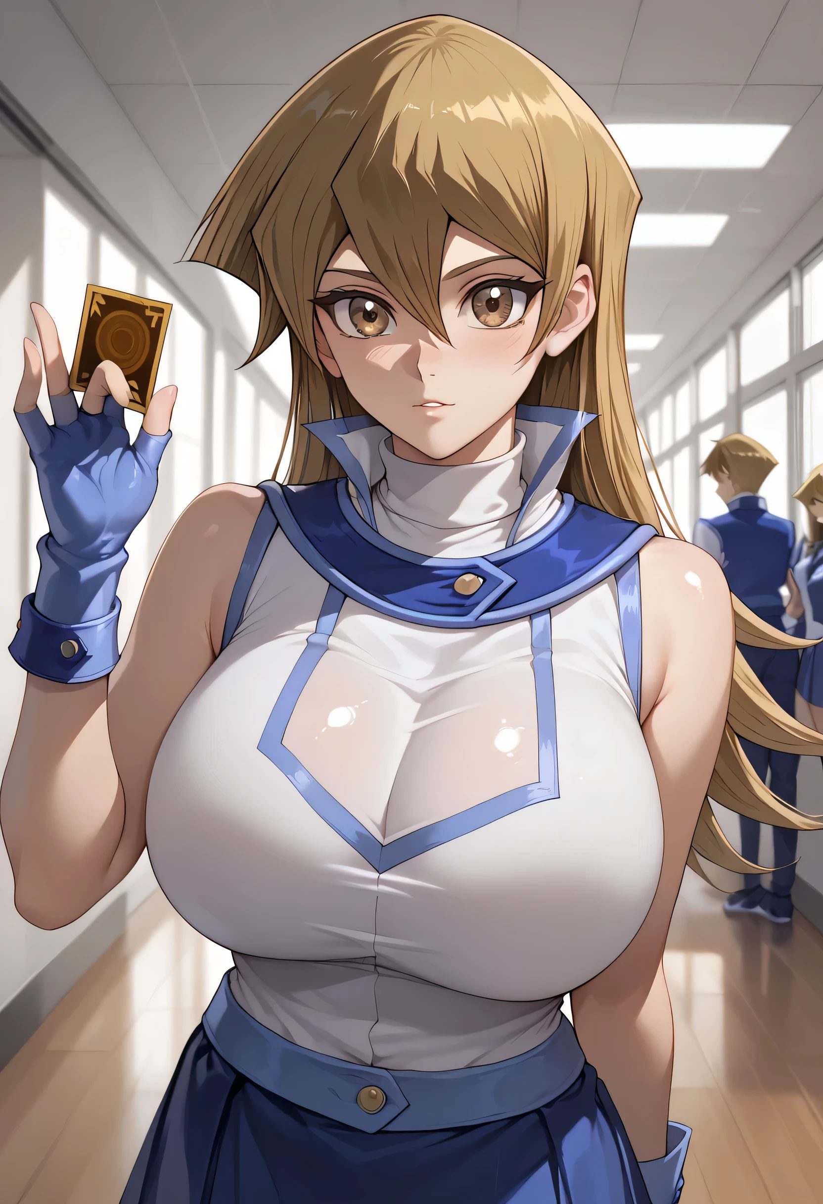 tenjouin asuka, yu-gi-oh!, duel academy uniform \(yu-gi-oh! gx\), brown eyes, long hair, blonde hair, brown hair, hair between eyes, straight hair, shiny skin, shirt, skirt, gloves, bare shoulders, school uniform, white shirt, sleeveless, miniskirt, fingerless gloves, blue skirt, sleeveless shirt, turtleneck, blue gloves, indoors, school hallway, huge breasts