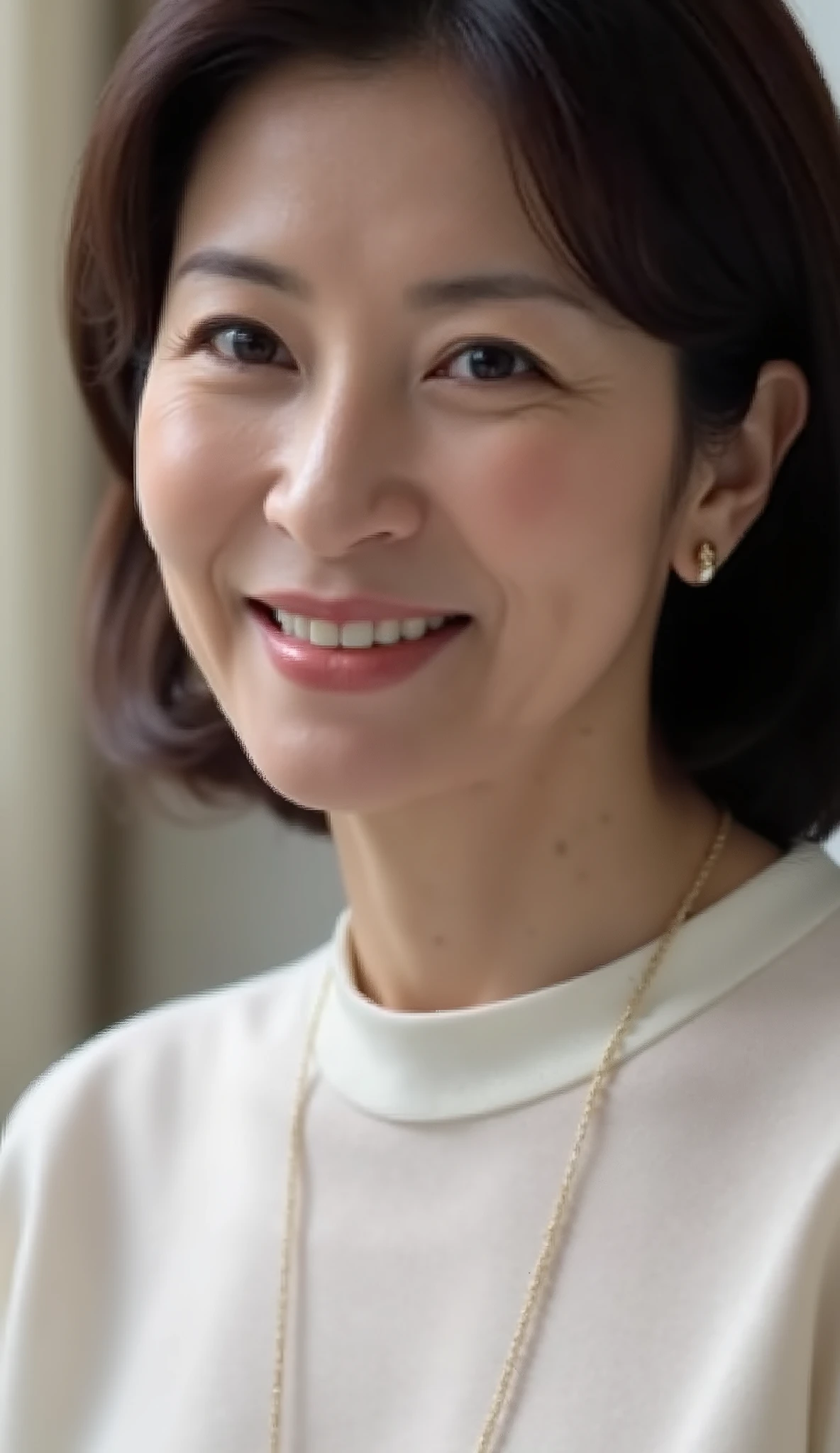 Mature Woman, ( detailed description of hair ), ( face ), (Detailed description of the body), HD Images , masterpiece,  best quality, ( High Detail, formal: 1.4), ( realistic : 1.2, 超 realistic な: 1.1, realistic: 1.37), ( sharp concentration in nude clothes : 1.4),  depth of field,  physical based rendering ,    sadistic, ((  medium hair )) ,  Unmatched Beauty , (ultimate beauty), (55 years old,: 1.4), Japanese、(( close-up :1.5))、 Fine lines of a smile :1.2、(white blouse:1.2)),(( blurry background))、