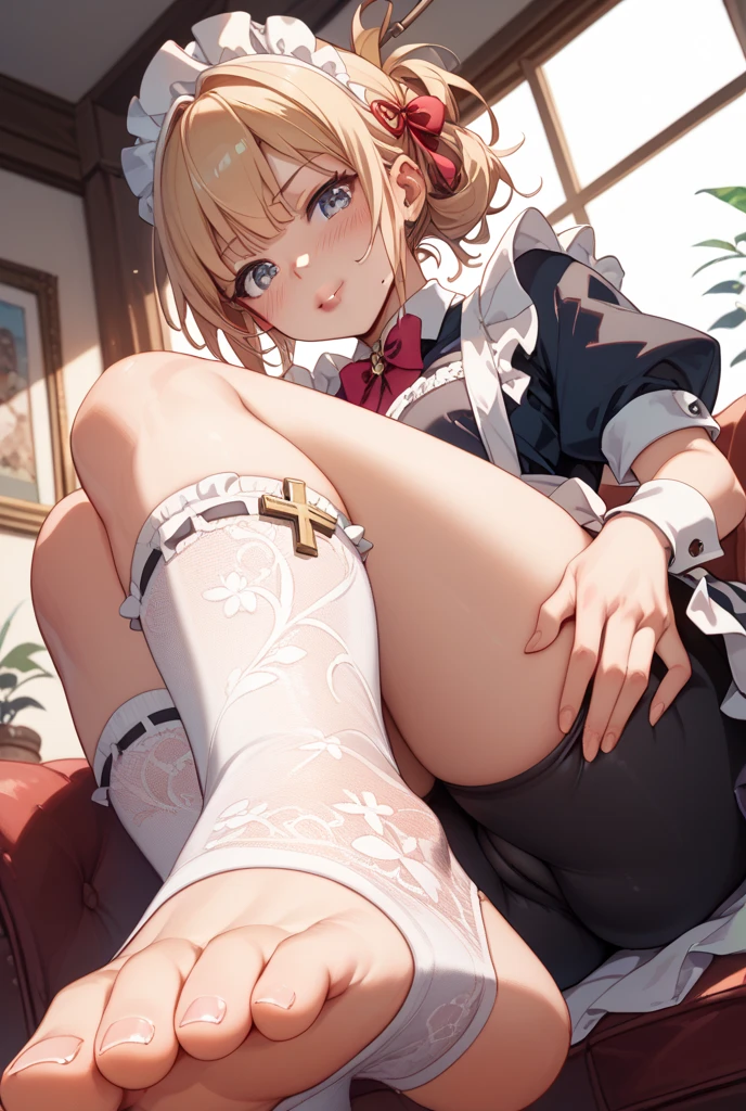 masterpiece, best quality, 1girl, solo, girls und panzer, darjeeling, large breasts, (white lingerie, white thighhighs:1.2), indoors, bed, nsfw, spread pussy,spread ass ,hand on own ass