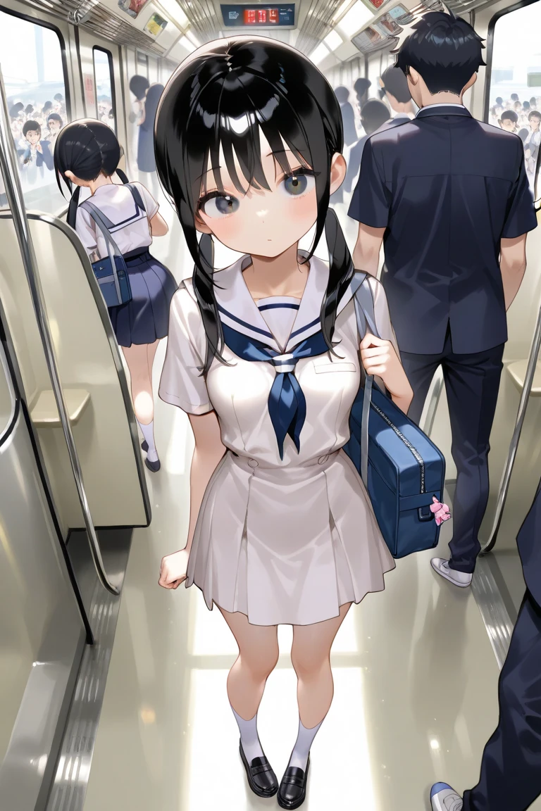 highest quality, Very detailed, figure,
One girl, Glasses, , bag, Are standing, Grab the strap with one hand,
E235, Sheet, close, scenery, Inside the train, window, Day,
null, Day, Real-world locations, Power Lines, fence, city, cityscape, cloud, sign, Poster (object), short sleeve serafuku,((focus armpit))There are stains from underarm sweat,cool face,medium black ponytail, cowboy shot