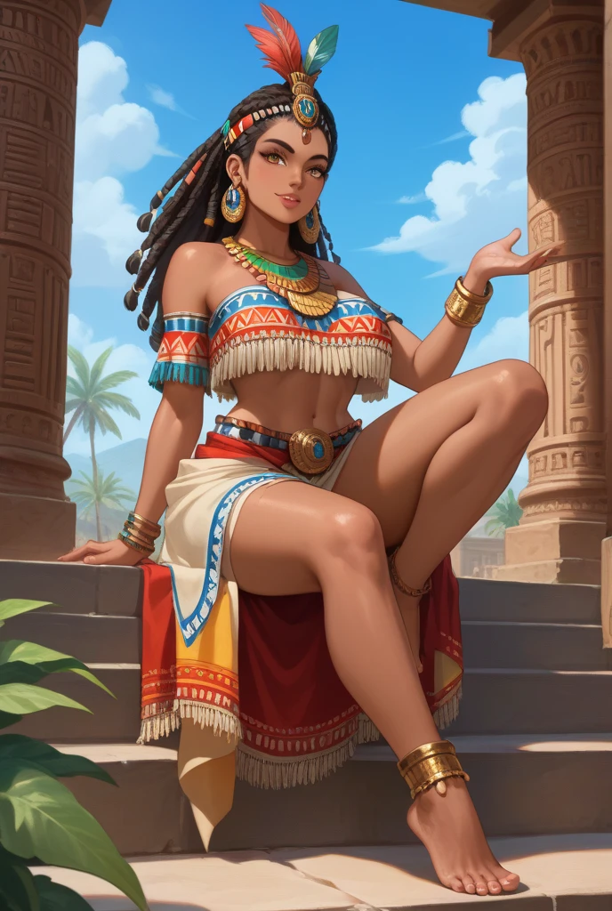 (masterpiece:1.2), (best quality:1.2), perfect eyes, perfect face, perfect lighting, photoshoot, 1girl, mature female wearing SSAHC, SSAHC, dark-skinned, colorful tribal dress, headdress, thick eyelashes, makeup, eyeshadow, medium hair, oasis, desert detailed outdoor background  <lora:subSaharianAfrican_v10:0.8>