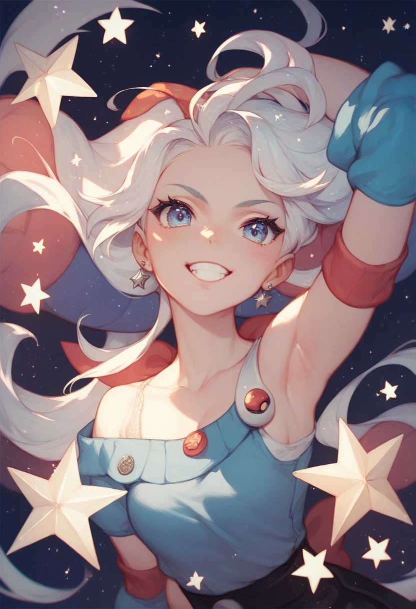 Trixie, Trixie from the movie "My little pony", Trixie as a girl, blue-white hair, Average Breasts , stage, presentation, in full height, Salutes, Fireworks, violet eyes, canny smile, Wizard's Magic Wand