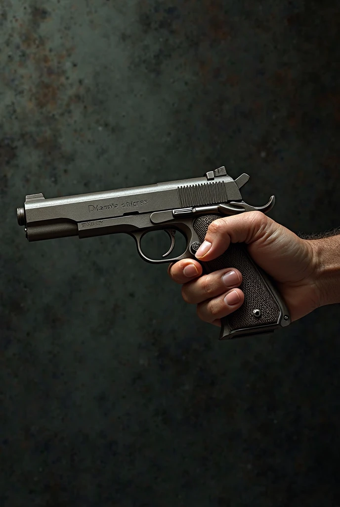 A brown hand holding a pistol with an extended comb 