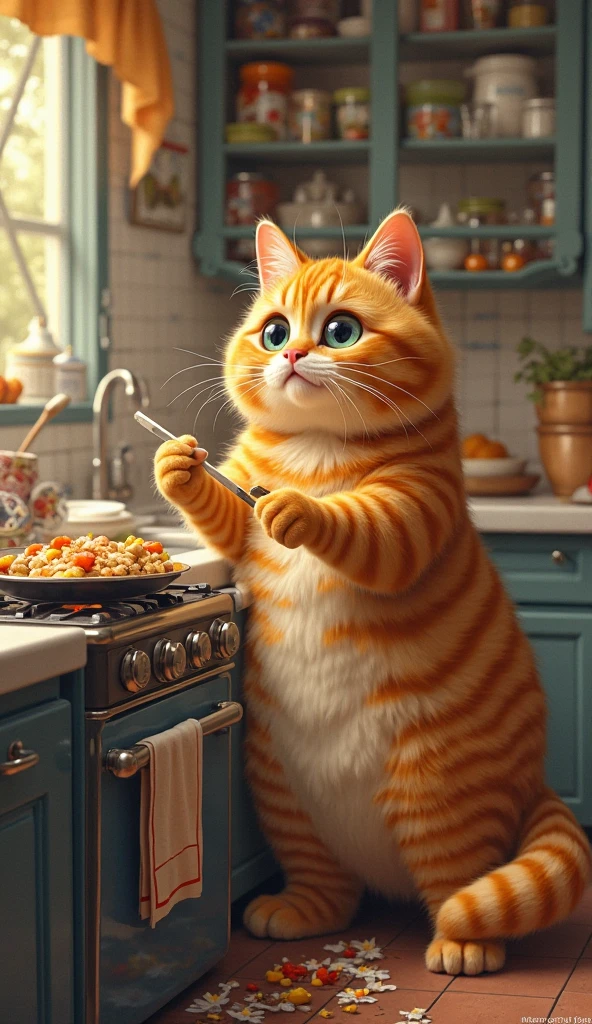 Orange fat cat ,Cooking breakfast,In the kitchen
