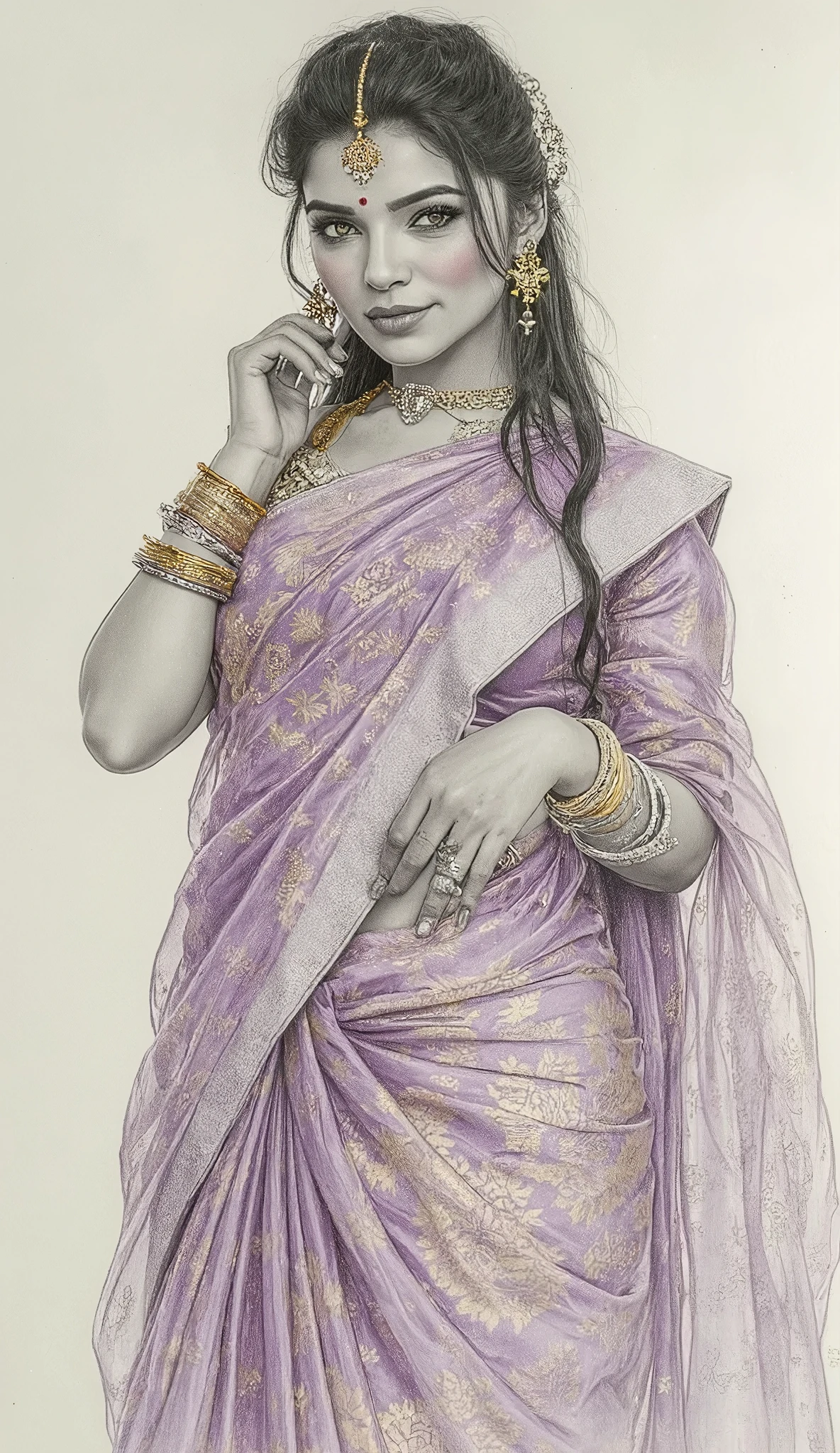Create a stunning portrait color sketch of a INDIAN DULHAN WOMAN  with delicate features, rendered in graphite pencil medium, set against a soft, creamy white background that subtly gradates to a light gray towards the edges, , leaving a slim border around the edges to create a sense of breathability and space. SUPER MINIMALIST ART -Bright light scene, India mature sexy wife, voluptuous curvy figure,35 year's old, Ready for sex, She is wearing big earrings, choker, plenty of bangles in hand, Arm bands, nose ring, Vermil lion in hair partition, hair bun, her both hands on WEST  showing stubble hairy dark armpits, wearing light lavender str apless bra, shiny satin light ROSES  saree, voluptuous curvy body, big large enormou,long hair,BIG  breasts,collarbone,makeup,lipstick,indian   , semi-transparent VOILET    saree,short sleeves,blouse,GOLDEN blouse,partially covered midriff,detailed lips,VEIL, Big lips, full body picture , BBW Wet curvy, wet Desi woman showing her big transparent ass  in sexy transparent THONG pattern sexy transparent lingerie and showing cleavage ,VOILET   Hepburn Hat with bright intricate embroidery and gold detailing, her costume a fusion of sapphire velvet and articulated ceramite panels.     high quality,  ultra detailed, (flowing curly wavy backlit hair), hair flower accessories, vivacious, happy, (captivating kohl lined eyes:1.3) , (bright smile:1.3) , backlit, light rays, highly detailed, ,   ,A captivating vibrant  rendered artwork   in bold AND DIAMONDS, metallic golden  The elegant design is brought to life with a mesmerizing  shimmering metallic  ,many bangles in hands,earings, necklace ,lipstick ,navel,Indian, transparent Chubby, 

