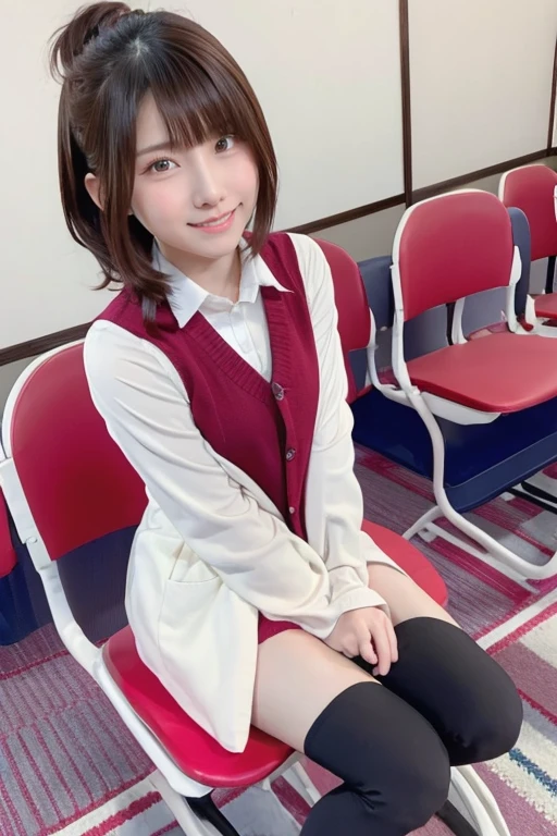 finely detail, hight resolution, hightquality、Perfect dynamic composition, Beautiful detailed eyes, Bob Layer Cut、From Verase、From below、From below、sit on sofa、long legged、despise、Looking at the camera、Random Poses、Natural Color Lip, age19、two individuals、shipping、Transparent skin、School Uniforms、I have a pick in my hand、Glowing hair、Inside the school、Fashionable clothes、Shibuya、Gelato Pique、a room、friend with beautiful legs、Shake your head、Laugh、A smile