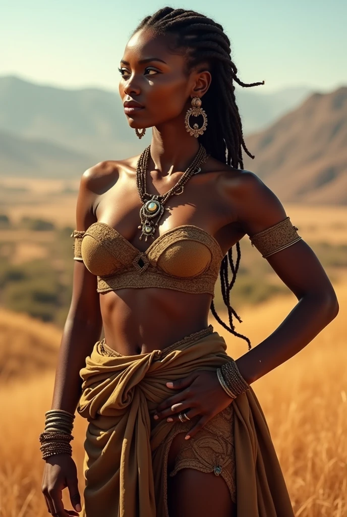 beautiful black woman with dark skin tone without a blouse, with large breasts, with accessories on her sheepskin arms, irregular disproportionate natural tiger skin mini skirt with beaded belt and brightly colored jewelry with African tribal makeup with leather crown and colorful bird feathers with natural hair short dreadlocks holding a traditional spear and shield made of animal skin with the expression of a brave warrior on top of majestic mountain 