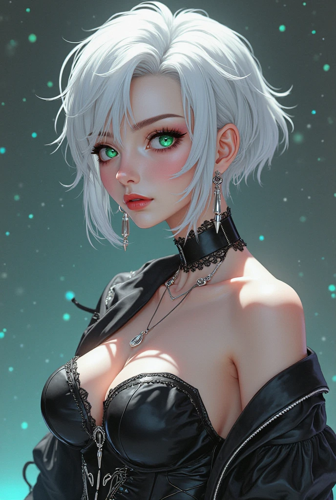 Avant-garde art(Image from chest up:1.4)((masterpiece:1.5,Highest quality,Beautiful images、Realistic、3d、Artistic))(1girl, 独奏)(medium breasts, Silver Hair、short hair、Beautiful cleavage、sideboob、Exposing shoulders、Tattoo on shoulder)(Profile portrait,Gaze sideways、Gaze diagonally、Shake your head、Smile, floating hair)(Monotone Abstract Background)((from diagonally forward:1.3))((Monotone costumes))