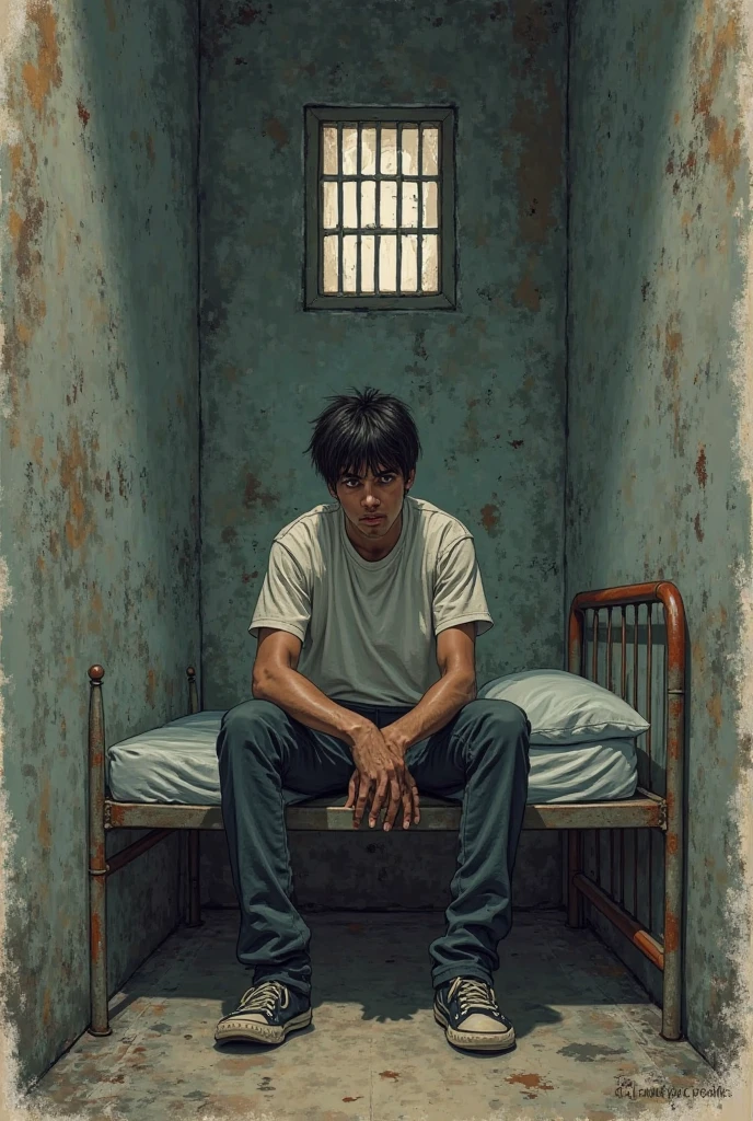 drawn in the form of a colored drawing, a prisoner in a prison cell with no windows and no doors