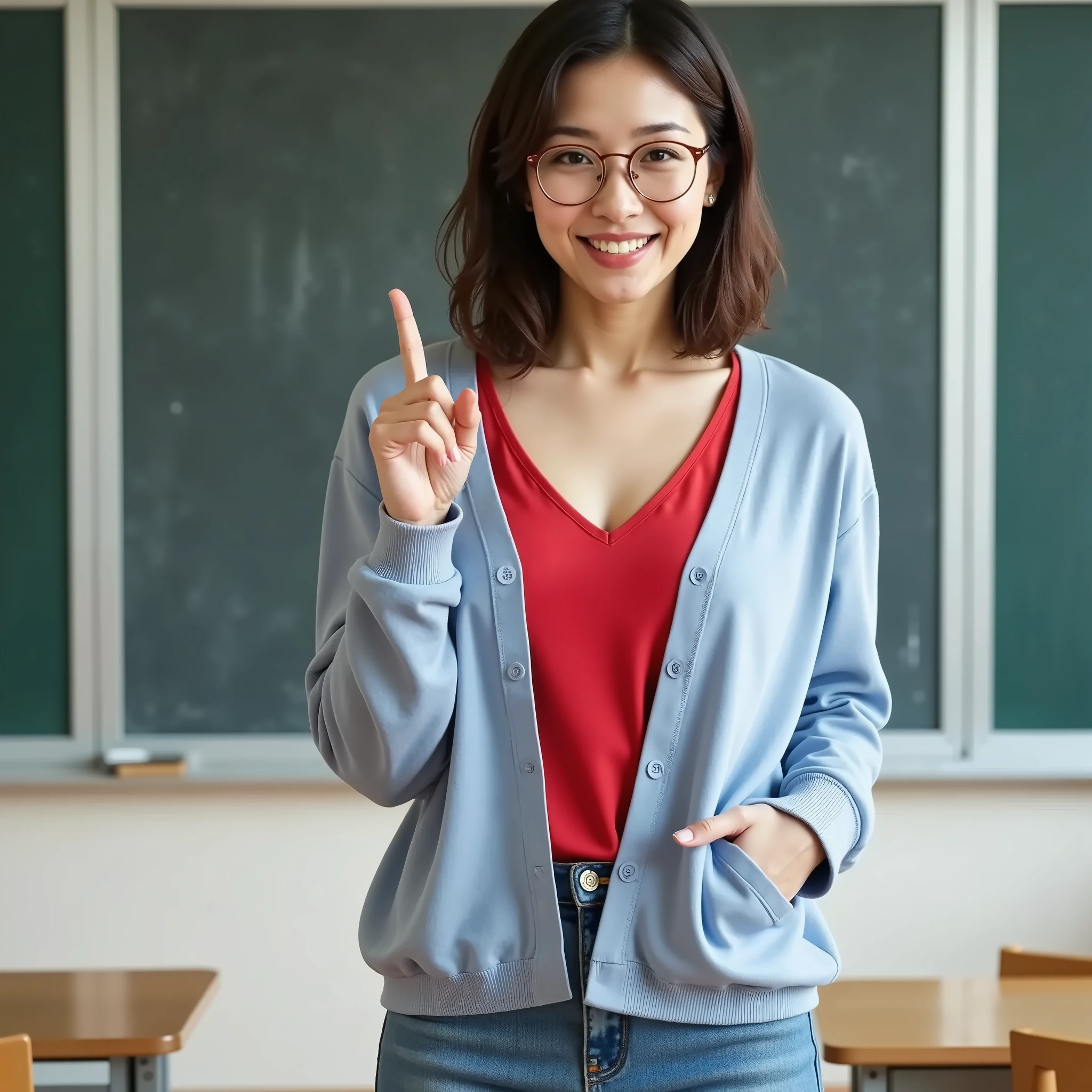 1 Japanese girl in a summer dress:1 . 3』『actual photo of a billiard competition:1 . 3』best quality:1 . 2、(( 40 year old woman))、With makeup『smile:1 . 9』、(((anatomically accurate、perfect anatomy、anatomically accurate指)))、real 、 best quality 、 Ultra Fine 、 RAW photos 、 ( big droopy 、with a slightly open chest、thin waist、pretty big breasts、firm :1.5 ) 、dull eyes 、round face、Classroom、The background is a blackboard and desk、(((wearing a light blue cardigan、wearing a red v-neck shirt inside、looking at the camera and pointing my finger at the camera 、 I'm wearing glasses:1.9 ) ))looking at the camera and pointing my finger at the camera、looking at the camera and pointing my finger at the camera