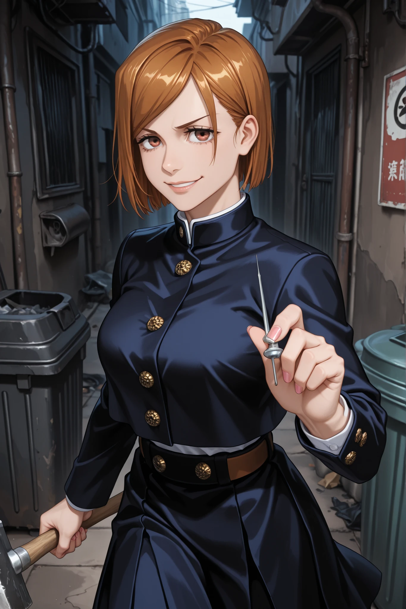 1 girl, kugisaki nobara, hammer, combed bangs, beautiful eyes, holding a nail, holding, school uniform, jacket, skirt, short hair, holding a hammer, hair behind ear, jujutsu trainer uniform, gakuran, tights, cheerful smile, sensual, attractive, looking at viewer, outdoors, in an alley, trash cans