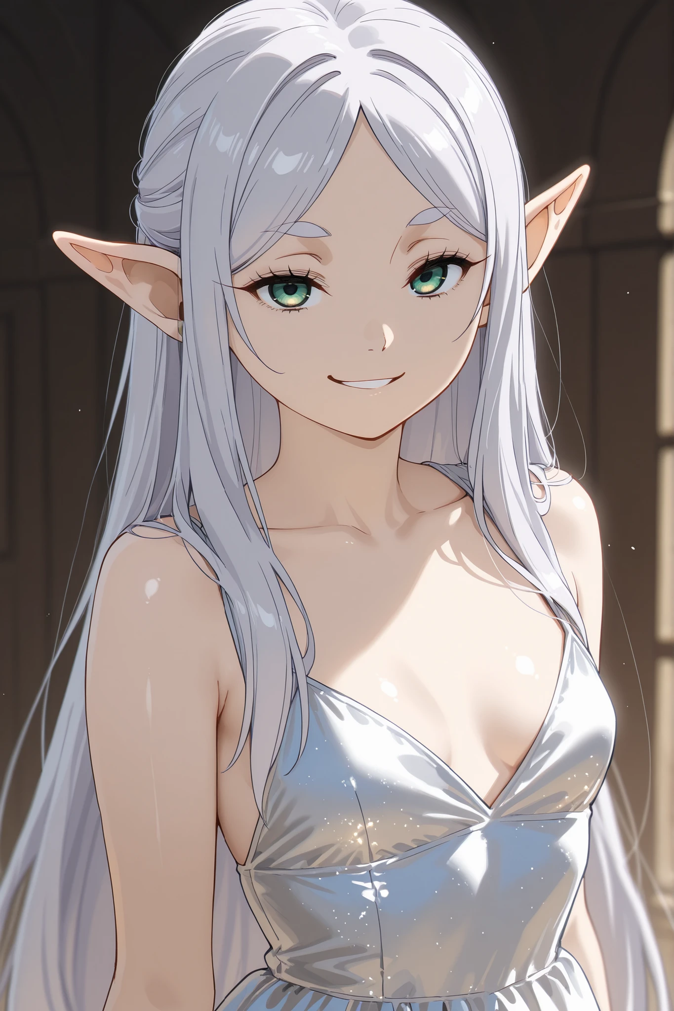 lora: frieren white hair green eyes shiny hair shiny eyes shiny body smirking small breasts perfect beautiful dress