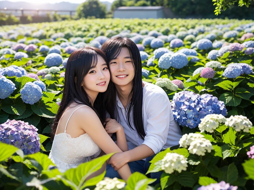 最high quality、high quality、Best image quality、8k、topless:1.4,Nipples are visible:1.2、Twin tails:1.3,smile、Pleated skirt,最High resolution、High resolution、最high quality、(One middle-aged man and one woman, Couple:1.5), (Man hugging woman from behind:1.5),masterpiece、RAW Photos、whole body写真、Detailed and realistic human body、Detailed and realistic skin、Realistic face in every detail、Detailed and realistic eyes、Detailed and realistic lips、Detailed and realistic teeth、Detailed and realistic ears、Detailed and realistic hair、Detailed and realistic weapons、Realistic reproduction of every detail、Realistic fingers in every detail、(Beautiful Hands、thumb1reference4)、Realistic feet down to the last detail、((Beautiful Japanese Women))、(Japanese Model)、((21 year old beautiful woman))、(Black Hair)、(Straight hair)、((whole body))、(Slim and perfect figure)、(whole body光沢肌、Fair skin)、Detailed and realistic human body、Detailed and realistic skin、Realistic face in every detail、Detailed and realistic weapons、Realistic fingers in every detail、Detailed realistic feet、Soft natural light、Japanese garden、A 360-degree view of the hydrangea fields、((Standing in the middle of a hydrangea field(A girl surrounded by hydrangeas 360 degrees))、Poses to make your thighs look beautiful