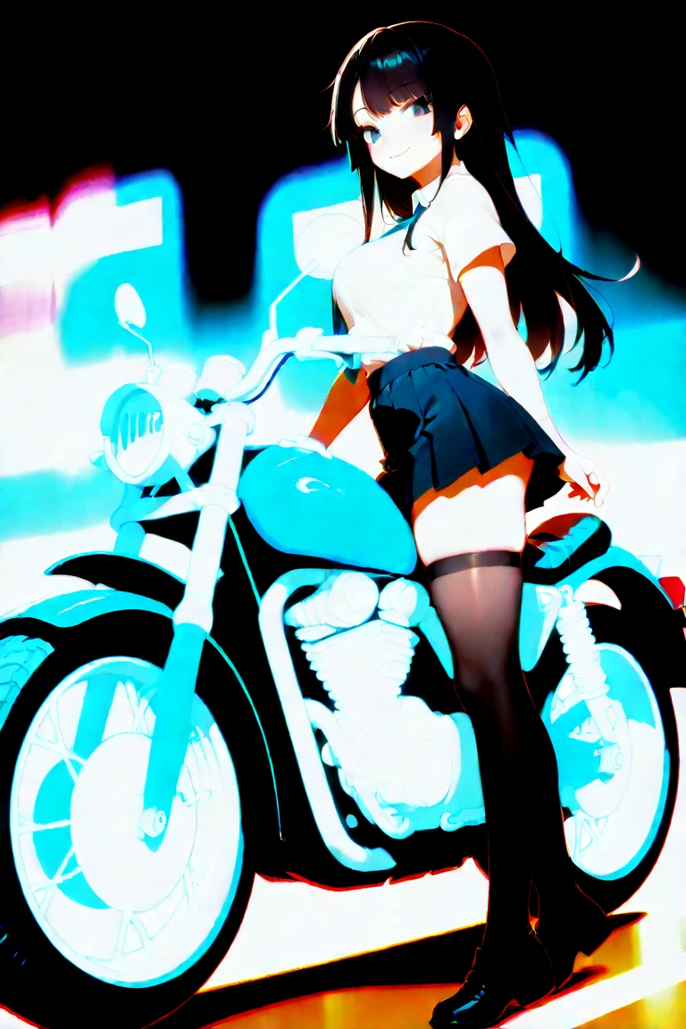 1 girl with short skirt,looks away,white panties,first-person view,girl riding a motorcycle,