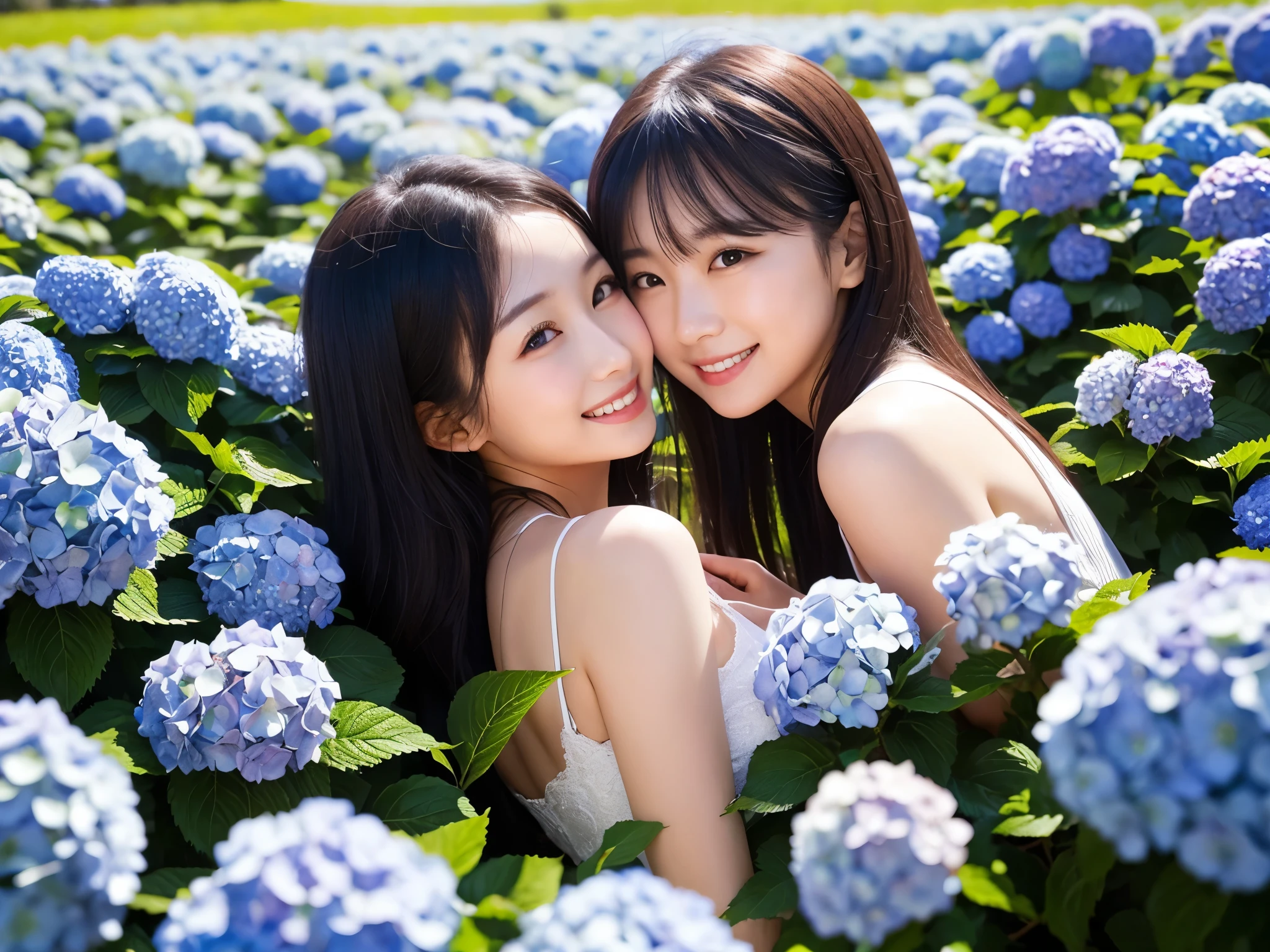 Imada Mio、best quality, masterpiece, 1girl, 独奏, extremely detailed eyes and face, eyes with beautiful details,smile, long hair, purple hair, blunt bangs, purple eyes, large breasts, aafern, Inside a glass-walled greenhouse, blurry background,