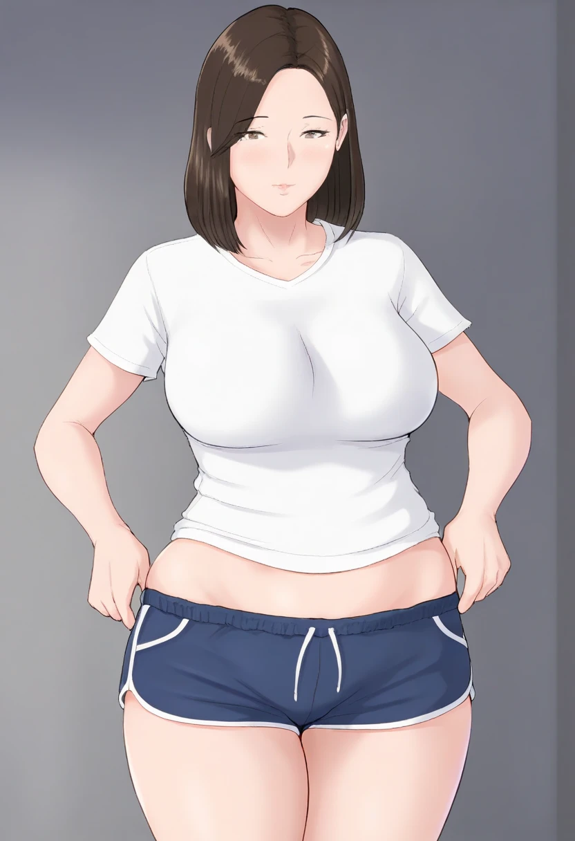 (((kipteitei art))), ((masterpiece)), (((best quality))), ((ultra-detailed)), (((illustration))), detailed face, detailed body, ultra cute face, (((1girl))), ((solo)), ((Line art)), (in the style of cell shaded), (vivid colors), skindentation, medium hair, brown hair, ponytail, blue eyes, (((fluffy hair))), looking at viewer, nervous, blush, ((white crop top)), jeans, tight jeans, small breasts, cleavage, perky breasts, (wide hips), ((thick thighs)), small tummy bulge, soft belly, dynamic angle, dynamic pose, hand on hip, hand on breast, school hallways, 20 year old girl