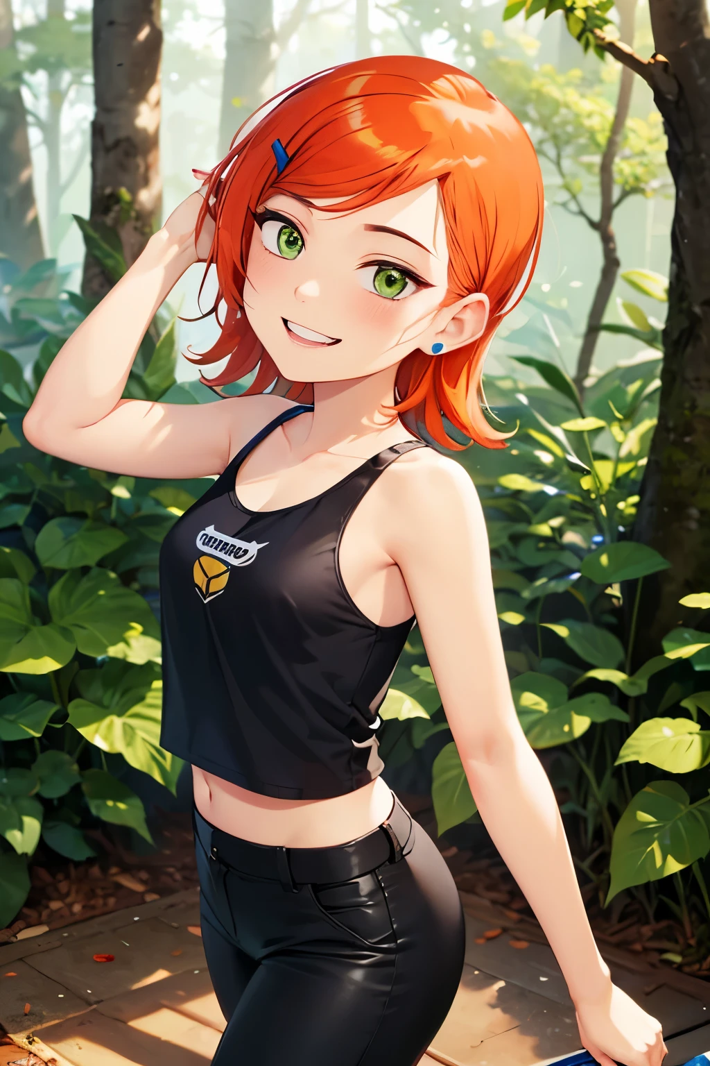 score_9, score_8, score_9,  female , wilykit, multicolored hair, yellow eyes, midriff, one eye closed, tongue, lying on back, grass, sunlight, shadows, natural lighting, open smile