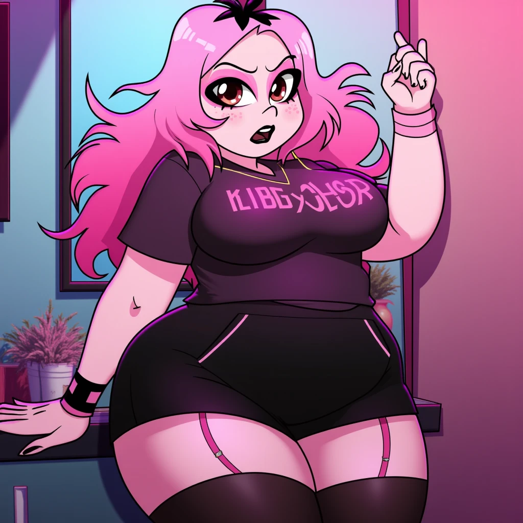 half neon purple hair, half black, hair, hair is styled in two buns and half hair down, ombre hair, split dye hair goth punk outfit, galaxy theme, night time, pink eyes, chubby body, chubby girl, elf ears, fangs in mouth, pointy ears, fishnet shirt, fishnet, thigh highs, black outfit, choker, ahegao face, lips are colored black, lipstick black, chubby waist, chubby thighs, thick body, chubby belly, fat rolls, stretch marks, big chest, big waist, black nails, tattoos, facial piercings, nose piercing, ear piercings, chain jewelry, bracelets, black lipstick, dark lips, black lipstick, black outfit, goth background, knee high platform boots, fishnets on body, thigh highs, chubby girl, belly fat, big belly, black lipstick, straight cut bangs, background is a goth bedroom, bedroom has band posters and stuffed animals