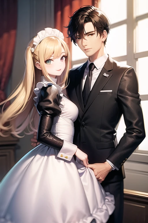 an adult girl, She has two pigtails falling over her shoulders, decorated with black ribbons, SHE HAS BLONDE HAIR, blue eyes and a very elegant and very long black dress for a gala dinner with a cut that allows her to show her leg, wears beautiful evening makeup, along with another adult and taller girl, Has loose black hair with straight bangs, black eyes and dressed in a stunning red ball gown, dancing together in the middle of a gala dinner, the intense red of the black-haired girl, stand out from the crowd