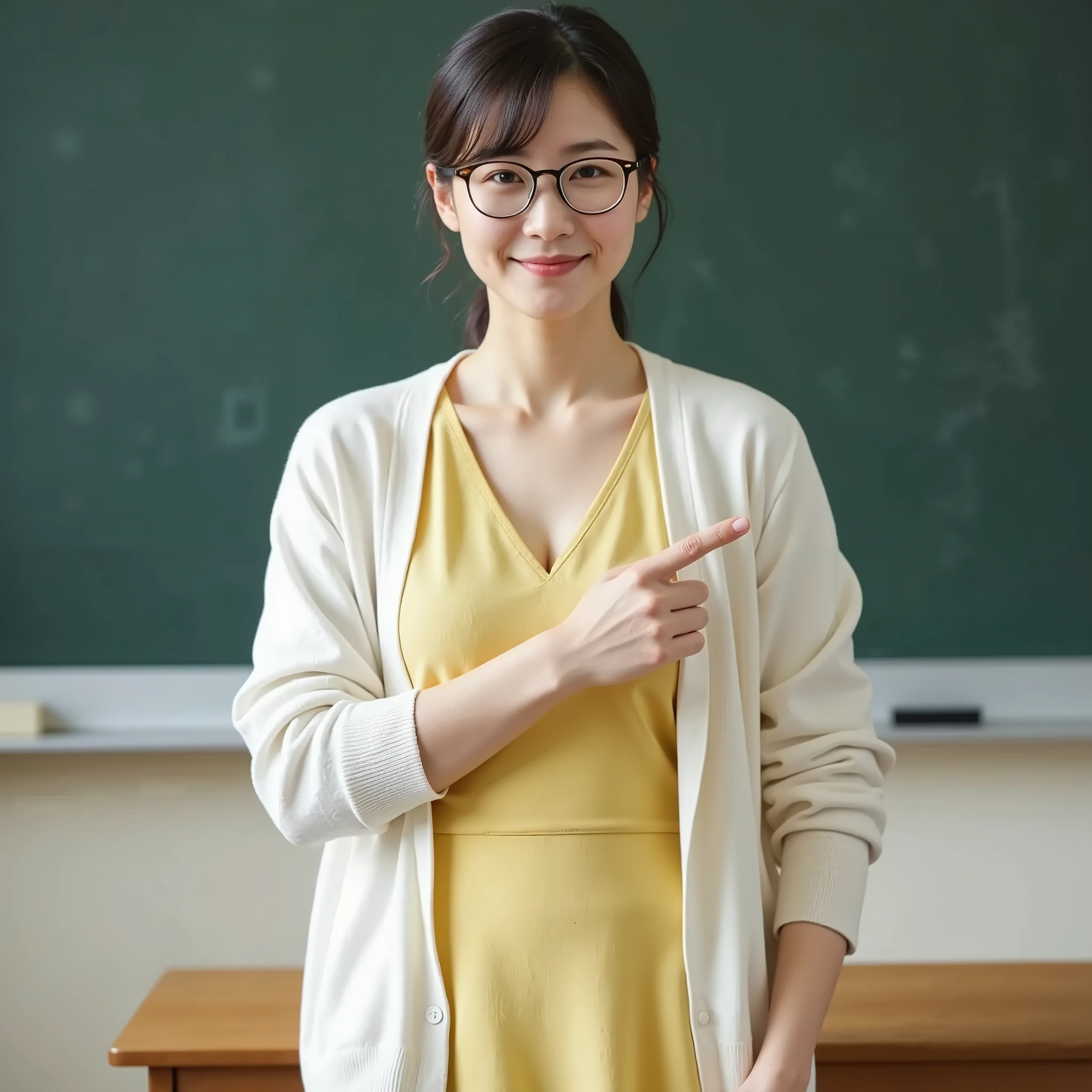 1 Japanese girl in a summer dress:1 . 3』『actual photo of a billiard competition:1 . 3』best quality:1 . 2、(( 40 year old woman))、With makeup『smile:1 . 9』、(((anatomically accurate、perfect anatomy、anatomically accurate指)))、real 、 best quality 、 Ultra Fine 、 RAW photos 、 ( big droopy breasts 、with a slightly open chest、thin waist、pretty big breasts、firm breasts:1.5 ) 、dull eyes 、round face、Classroom、The background is a blackboard and desk、(((I'm wearing a white cardigan、I'm wearing a yellow v-neck shirt underneath、looking at the camera and pointing my finger at the camera 、 I'm wearing glasses:1.9 ) ))looking at the camera and pointing my finger at the camera、looking at the camera and pointing my finger at the camera