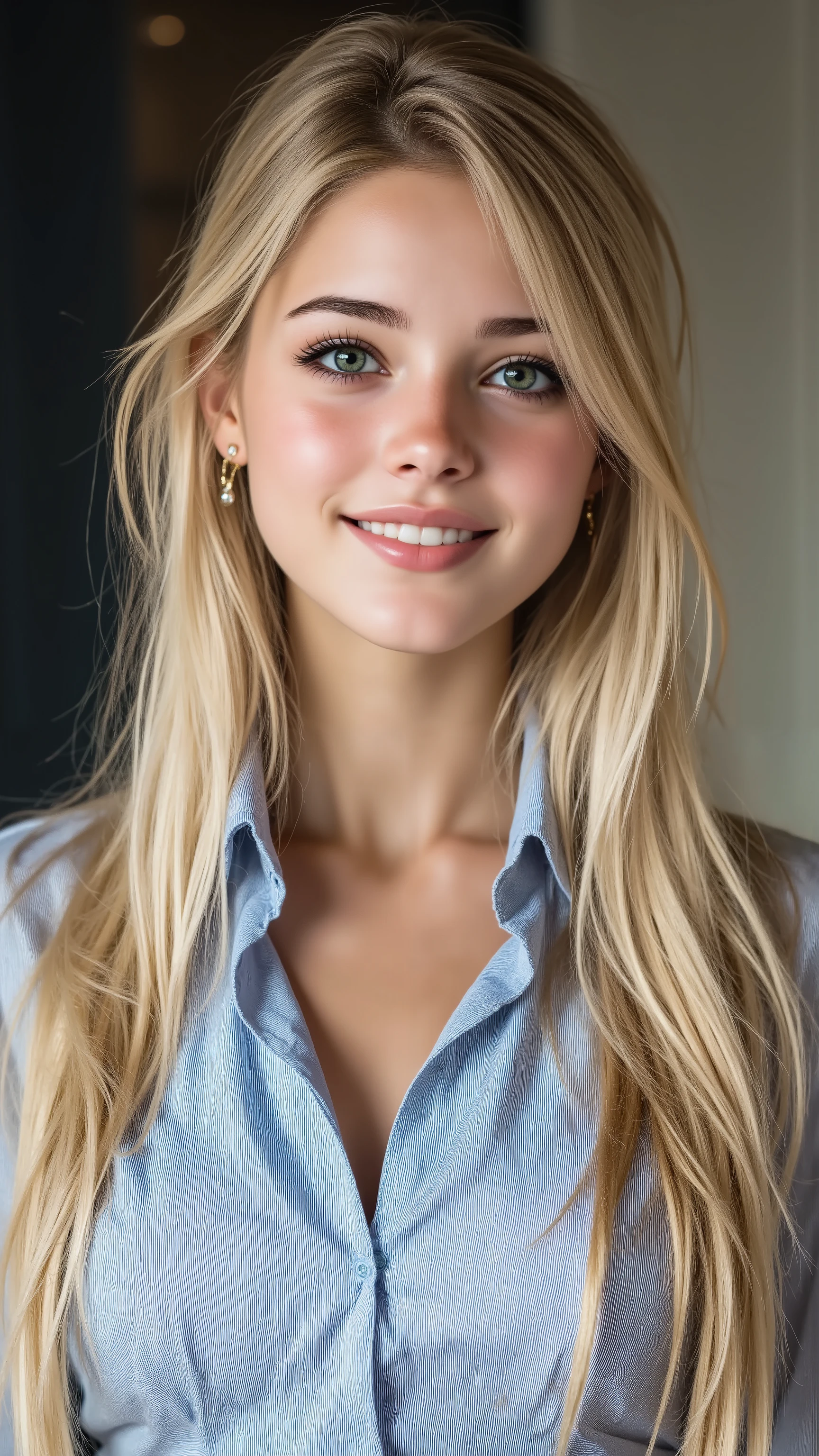 Aven, blonde, 19 years old, freckles on nose and cheeks, croatian, perfect body, green eyes, smiling, 8k, realistic, 