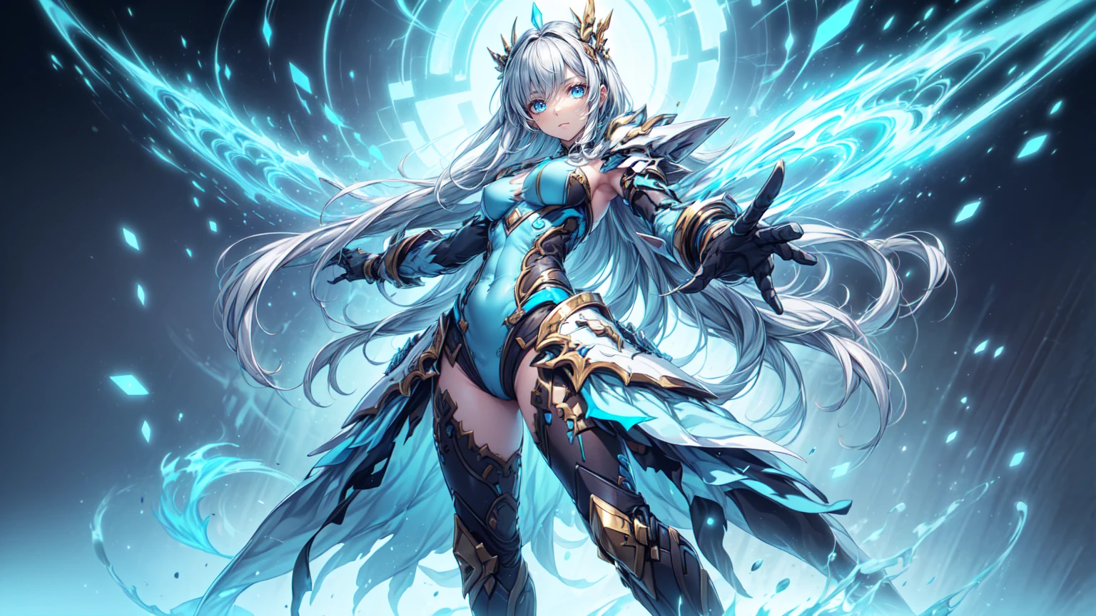 A woman with long hair and a sword in a dark room, Portrait Chevaliers du Zodiaque Fille, Anime goddess, knights of zodiac girl, Detailed key anime art, goddess of lightning, Armor Girl, Anime fantasy artwork, Ayaka Genshin impact, Detailed anime artwork, Anime fantasy illustration, in opal armor, detailed anime art, pale blue armor, shadowverse style