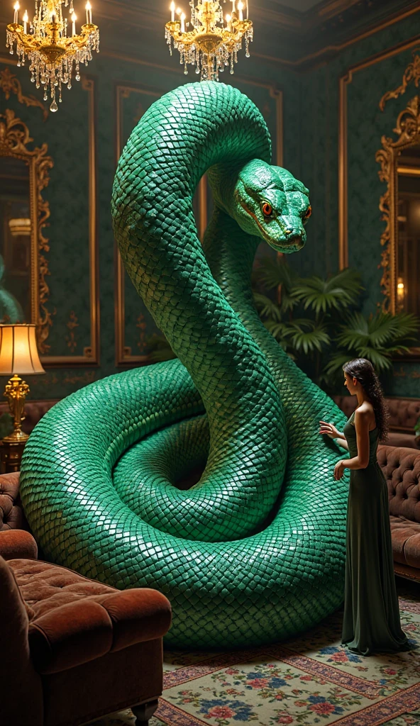 A sinister throne adorned with carved serpents, their eyes made of gleaming emeralds. The armrests are fashioned to resemble coiled vipers, ready to strike. The backrest is high and elegantly curved, covered in dark, scaled leather. The throne is set in a dimly lit chamber with stone walls covered in ancient snake motifs and flickering torchlight casting eerie shadows.