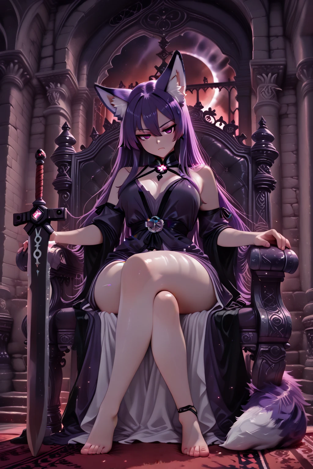 uploaded on e621, (by Wildering, by Koul, by fluff-kevlar, by aycee), solo, female wolf, wolf ears, neck tuft, hip tuft, leg tuft, wolf tail, ((black sclera, purple eyes)), ((queen royal clothing)), ((painted portrait)), (masterpiece), (best quality), (anthro furry:1.3, snout:1.2, anthro:1.3, furry:1.2, solo female:1.2), (hourglass figure, curvy figure), (wide hips), (thick thighs), ((huge breasts)), (suggestive pose), (((black stripes on body, grey fur))) BREAK (((white air))), (throne room background, depth of field, ambient light on the body), (intricate:0.7), (high detail:1.3), (unreal engine:1.3), (sharp focus:1.15), (masterpiece, best quality, 4k, 2k, shaded, absurd res), ((cleavage overflow)), ((leather choker)), ((crown))