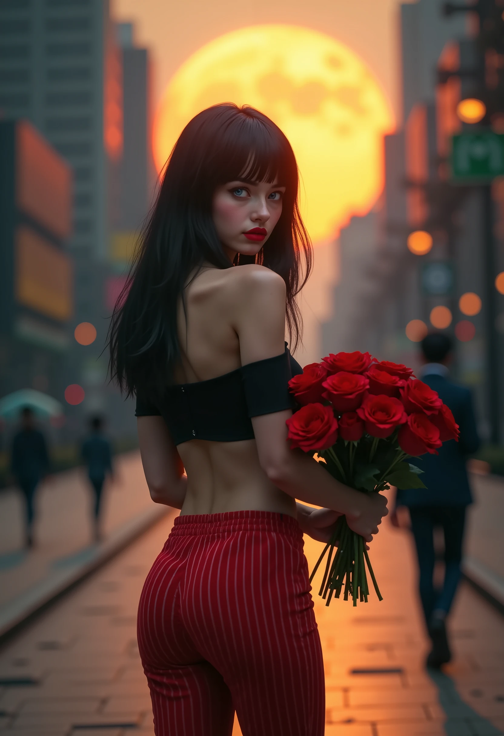 ((RAW Photo), Absurds, (Absurd Resolution)), (Masterpiece, Best Quality), ((Hyperrealism, Photorealistic)), (AI Fantasy), (masterpiece, highest quality, amazing quality), (realistic pupil, blue eyes with luminous green), (beautiful girl, 21 years old, haiz_ai, cknc style, full body), (intense black hair with light streaks, long straight bob cut), makeup, red lips, (slim, tall, shapely), ((her perfect curves are accentuated by wearing red striped pants, tiny black top with sleeves, marked abdomen)), ((walking down a long street holding a bouquet of red roses, skyscrapers next to the sidewalk)), (background: gigantic SUN), (golden lighting, flashes of light), (Photographic Perspective) «SunPuma S»